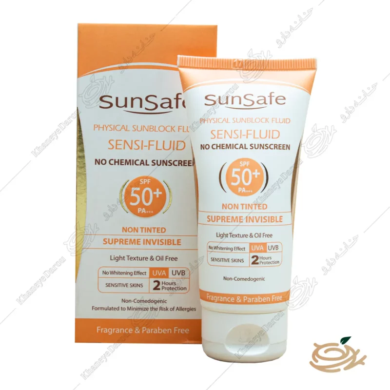 تصویر فلوئید ضد آفتاب سان سیف بی رنگ SPF50+ پوست حساس